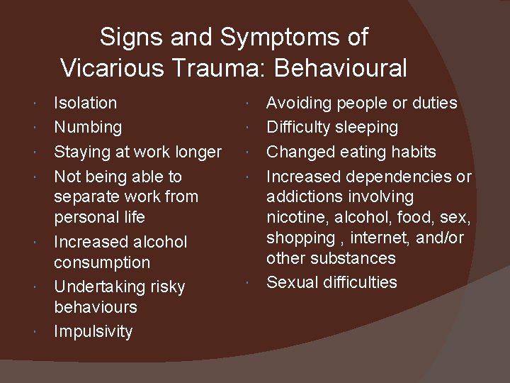 Signs and Symptoms of Vicarious Trauma: Behavioural Isolation Numbing Staying at work longer