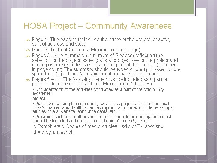 HOSA Project – Community Awareness Page 1: Title page must include the name of