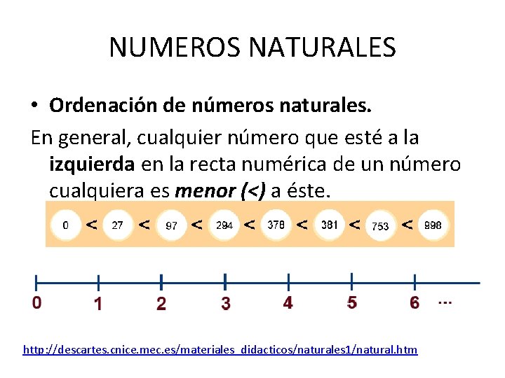NUMEROS NATURALES • Ordenación de números naturales. En general, cualquier número que esté a