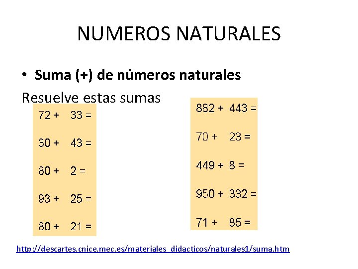 NUMEROS NATURALES • Suma (+) de números naturales Resuelve estas sumas http: //descartes. cnice.