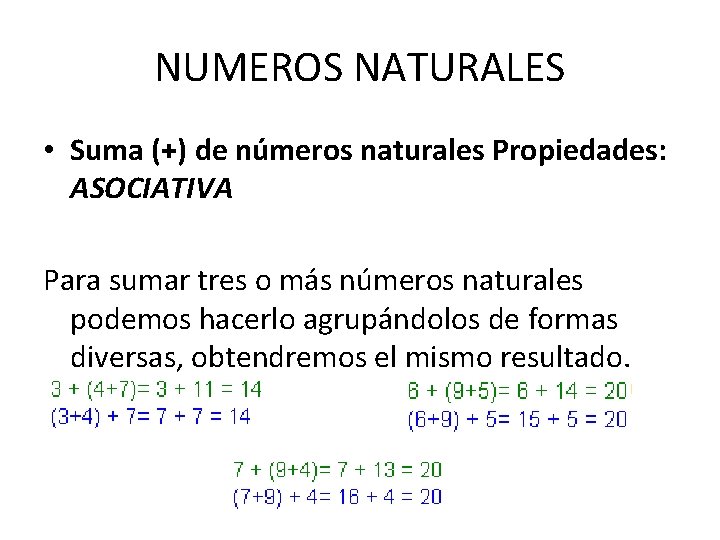 NUMEROS NATURALES • Suma (+) de números naturales Propiedades: ASOCIATIVA Para sumar tres o
