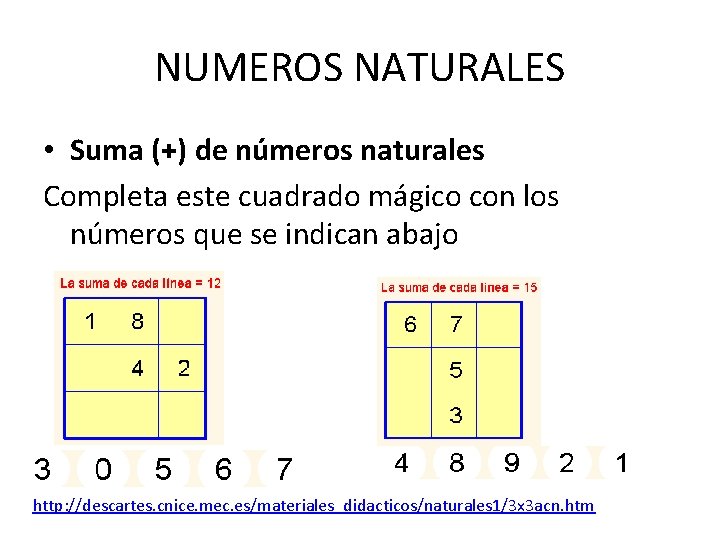 NUMEROS NATURALES • Suma (+) de números naturales Completa este cuadrado mágico con los