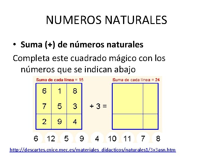 NUMEROS NATURALES • Suma (+) de números naturales Completa este cuadrado mágico con los