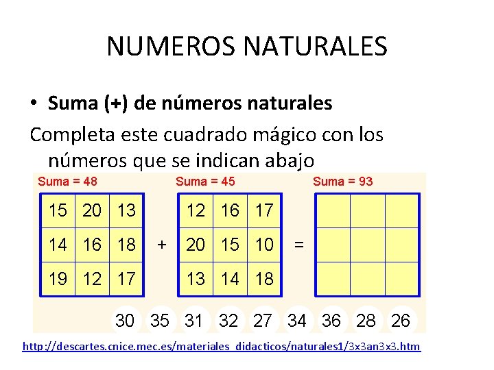 NUMEROS NATURALES • Suma (+) de números naturales Completa este cuadrado mágico con los