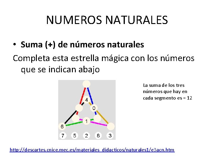 NUMEROS NATURALES • Suma (+) de números naturales Completa estrella mágica con los números