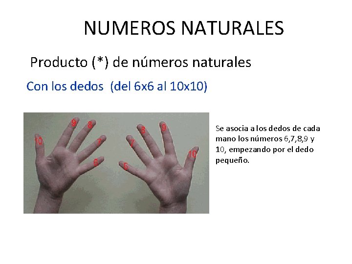 NUMEROS NATURALES Producto (*) de números naturales Con los dedos (del 6 x 6