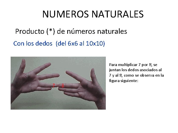NUMEROS NATURALES Producto (*) de números naturales Con los dedos (del 6 x 6