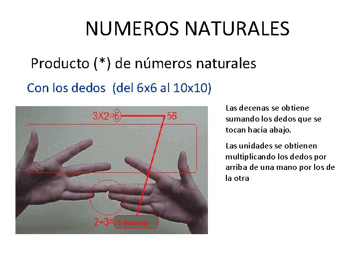 NUMEROS NATURALES Producto (*) de números naturales Con los dedos (del 6 x 6