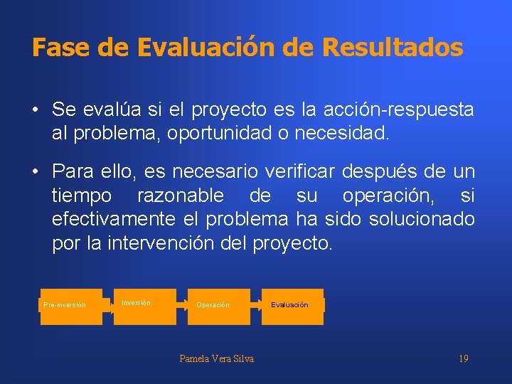 Fase de Evaluación de Resultados • Se evalúa si el proyecto es la acción-respuesta