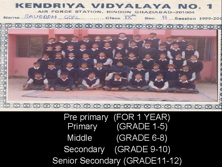 Pre primary (FOR 1 YEAR) Primary (GRADE 1 -5) Middle (GRADE 6 -8) Secondary