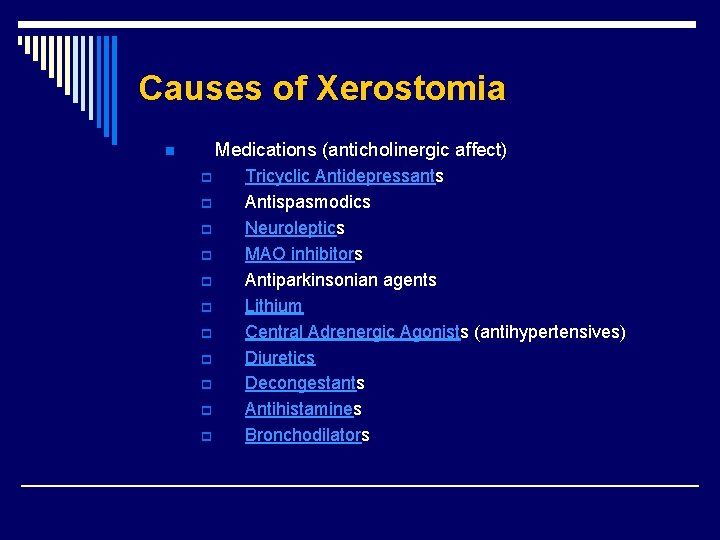 Causes of Xerostomia Medications (anticholinergic affect) n p p p Tricyclic Antidepressants Antispasmodics Neuroleptics