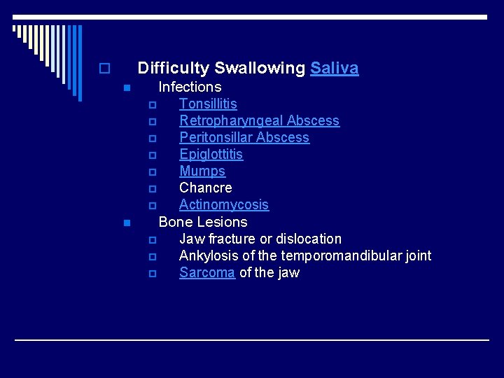 Difficulty Swallowing Saliva o n n Infections p Tonsillitis p Retropharyngeal Abscess p Peritonsillar