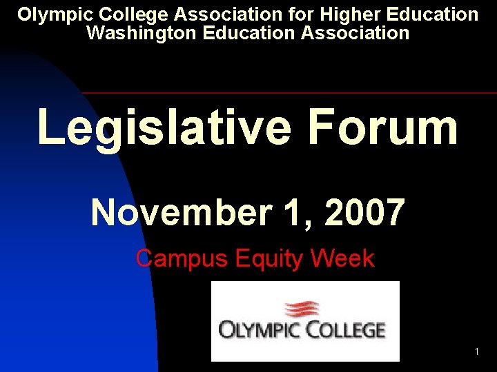 Olympic College Association for Higher Education Washington Education Association Legislative Forum November 1, 2007