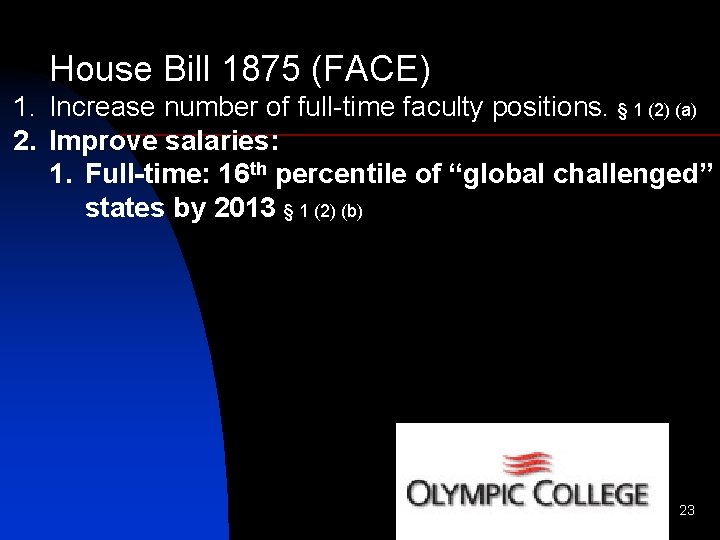 House Bill 1875 (FACE) 1. Increase number of full-time faculty positions. § 1 (2)