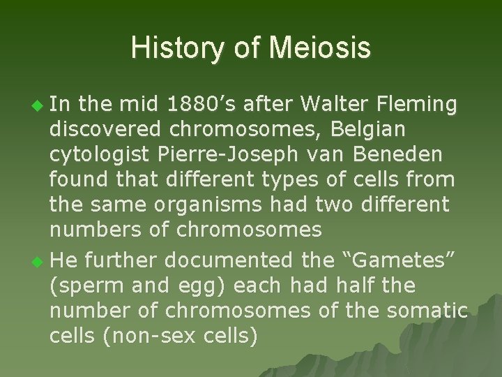 History of Meiosis u In the mid 1880’s after Walter Fleming discovered chromosomes, Belgian