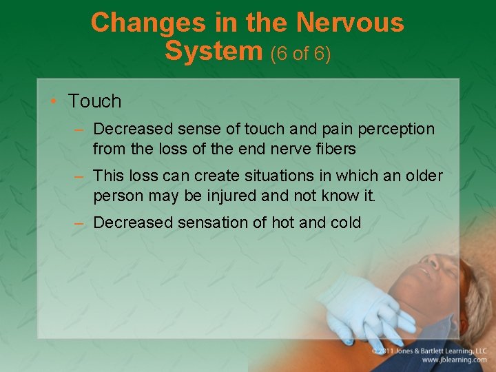 Changes in the Nervous System (6 of 6) • Touch – Decreased sense of
