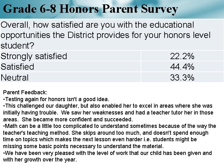 Grade 6 -8 Honors Parent Survey Overall, how satisfied are you with the educational