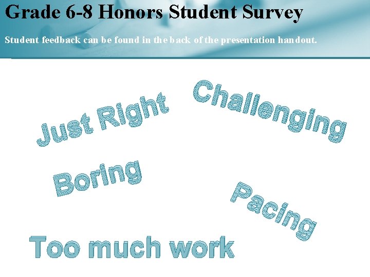 Grade 6 -8 Honors Student Survey Student feedback can be found in the back