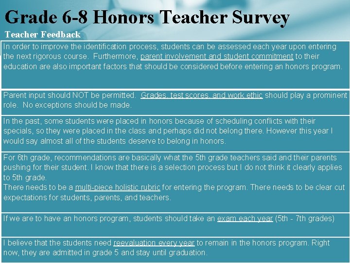 Grade 6 -8 Honors Teacher Survey Teacher Feedback In order to improve the identification