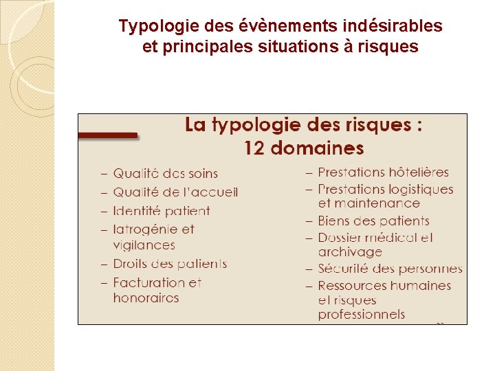 Typologie des évènements indésirables et principales situations à risques 