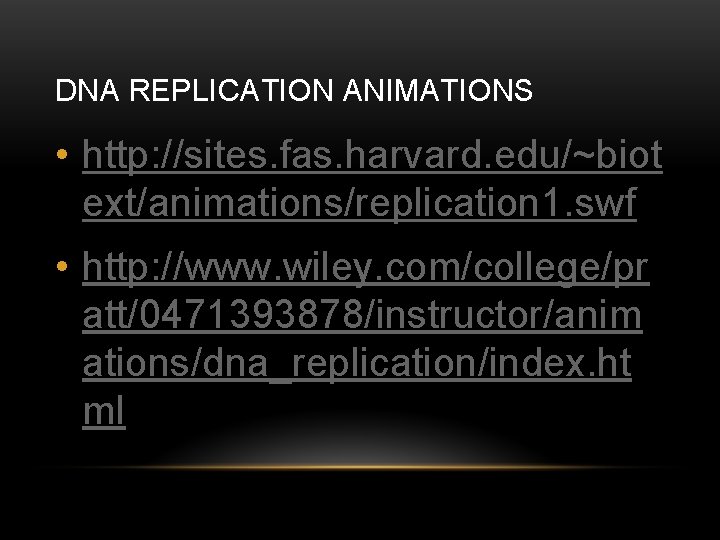 DNA REPLICATION ANIMATIONS • http: //sites. fas. harvard. edu/~biot ext/animations/replication 1. swf • http: