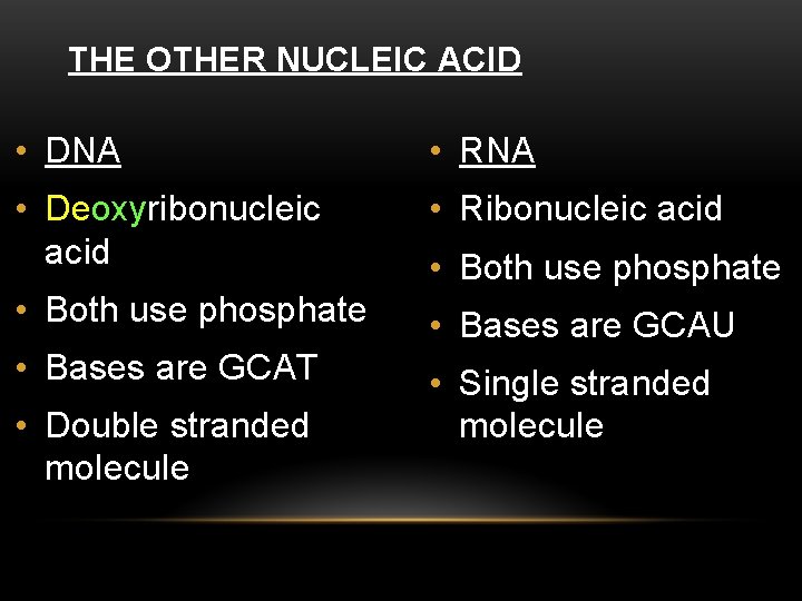 THE OTHER NUCLEIC ACID • DNA • RNA • Deoxyribonucleic acid • Ribonucleic acid