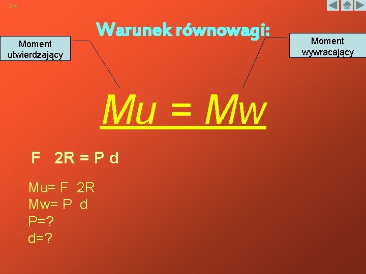 1. 4 Moment utwierdzający Warunek równowagi: Mu = Mw F 2 R = P