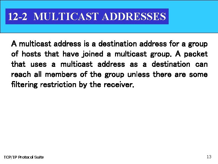 12 -2 MULTICAST ADDRESSES A multicast address is a destination address for a group