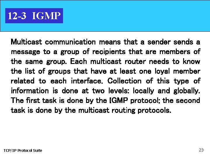 12 -3 IGMP Multicast communication means that a sender sends a message to a