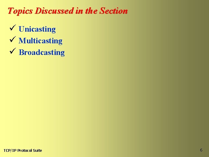 Topics Discussed in the Section ü Unicasting ü Multicasting ü Broadcasting TCP/IP Protocol Suite