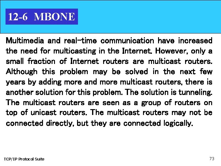 12 -6 MBONE Multimedia and real-time communication have increased the need for multicasting in