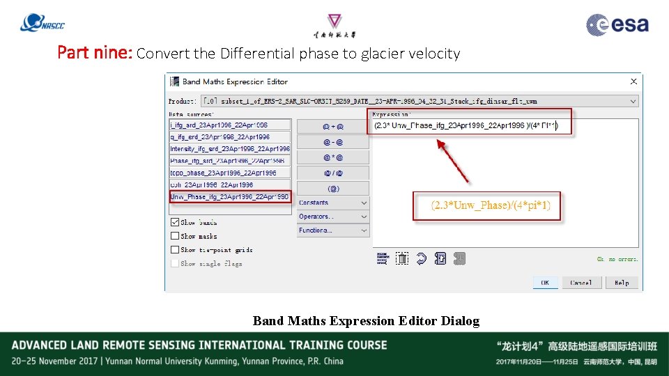 Part nine: Convert the Differential phase to glacier velocity Band Maths Expression Editor Dialog