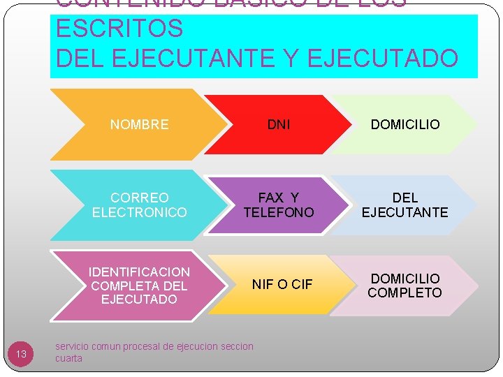 CONTENIDO BASICO DE LOS ESCRITOS DEL EJECUTANTE Y EJECUTADO 13 NOMBRE DNI DOMICILIO CORREO