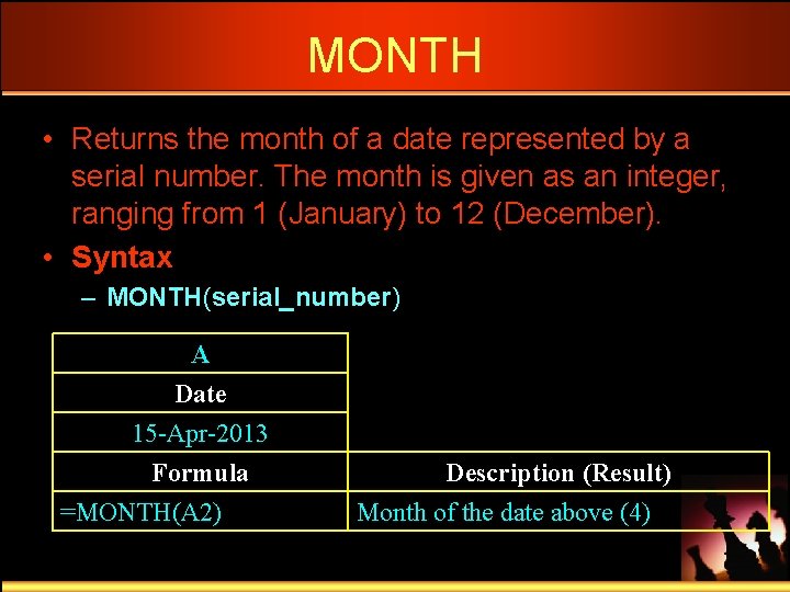 MONTH • Returns the month of a date represented by a serial number. The