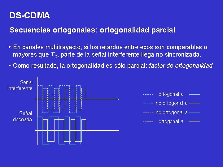 DS-CDMA Secuencias ortogonales: ortogonalidad parcial • En canales multitrayecto, si los retardos entre ecos