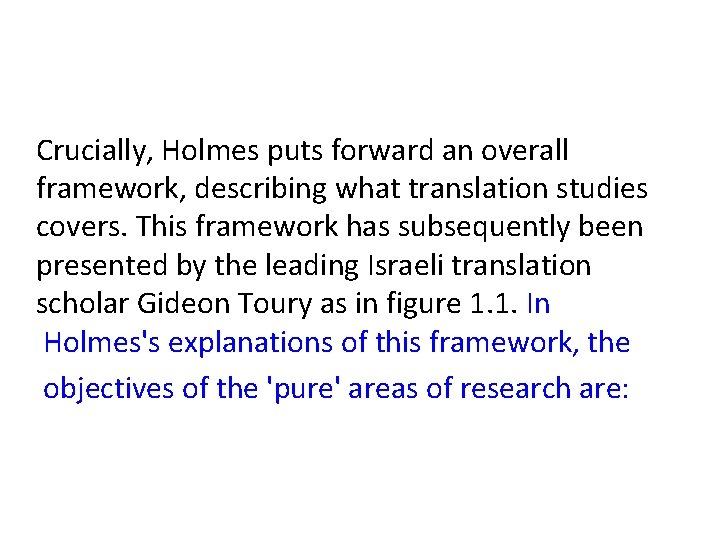 Crucially, Holmes puts forward an overall framework, describing what translation studies covers. This framework Crucially, Holmes puts forward an overall framework, describing what translation studies covers. This framework