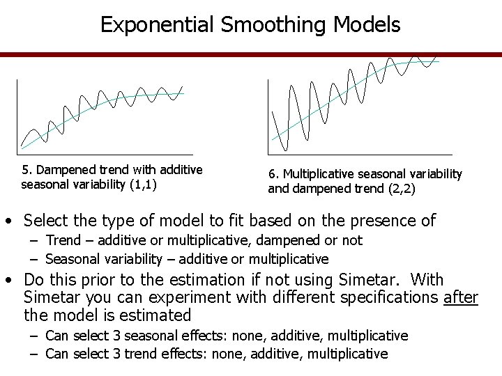 Exponential Smoothing Models 5. Dampened trend with additive seasonal variability (1, 1) 6. Multiplicative