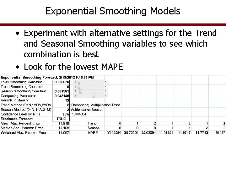 Exponential Smoothing Models • Experiment with alternative settings for the Trend and Seasonal Smoothing