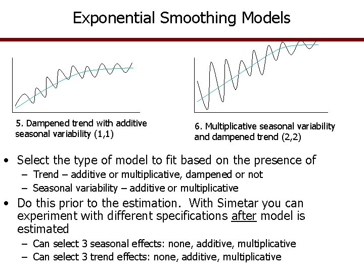 Exponential Smoothing Models 5. Dampened trend with additive seasonal variability (1, 1) 6. Multiplicative