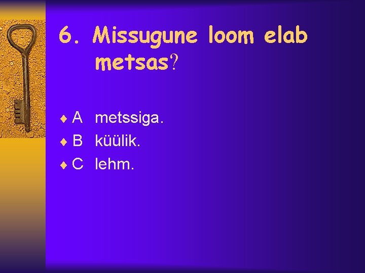 6. Missugune loom elab metsas? ¨ A metssiga. ¨ B küülik. ¨ C lehm.