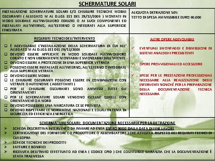 SCHERMATURE SOLARI INSTALLAZIONE SCHERMATURE SOLARI E/O CHIUSURE TECNICHE MOBILI OSCURANTI ( ALLEGATO M AL