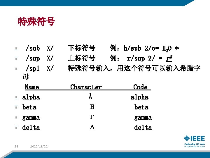 特殊符号 /sub /sup /spl 母 Name alpha beta gamma delta 26 X/ X/ X/