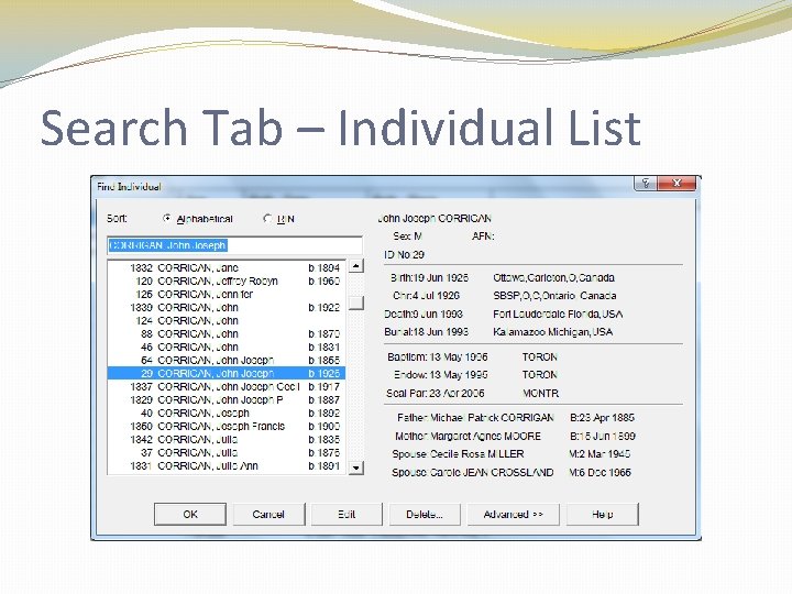 Search Tab – Individual List Search Tab – Individual List