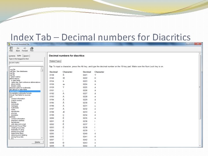 Index Tab – Decimal numbers for Diacritics Index Tab – Decimal numbers for Diacritics