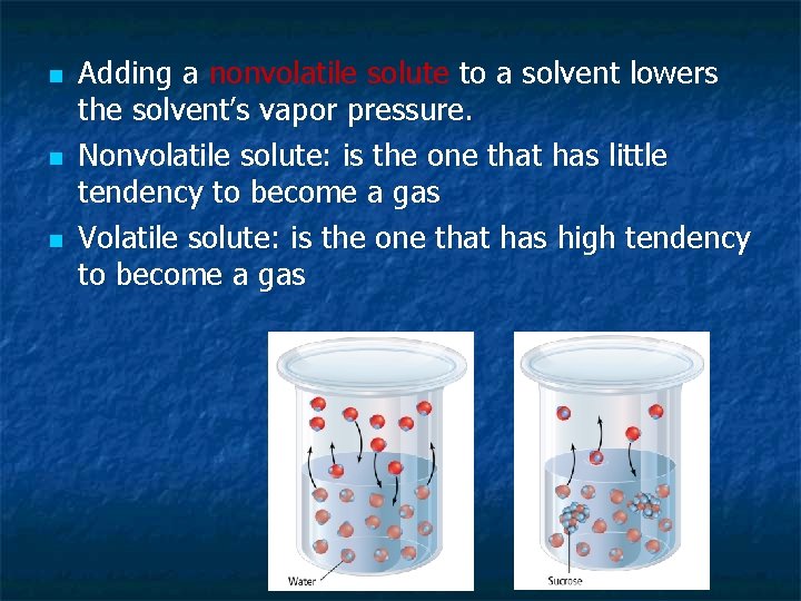 n n n Adding a nonvolatile solute to a solvent lowers the solvent’s vapor