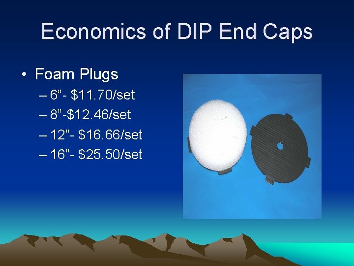 Economics of DIP End Caps • Foam Plugs – 6”- $11. 70/set – 8”-$12.