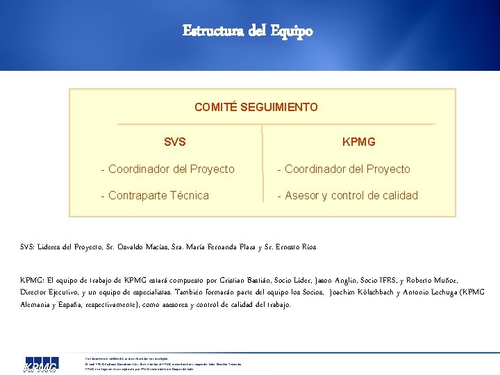 Estructura del Equipo COMITÉ SEGUIMIENTO SVS KPMG - Coordinador del Proyecto - Contraparte Técnica