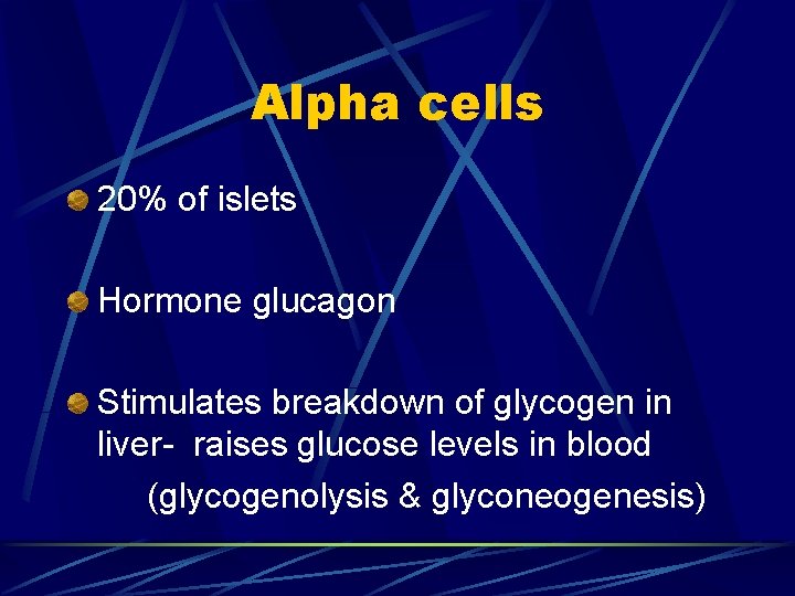 Alpha cells 20% of islets Hormone glucagon Stimulates breakdown of glycogen in liver- raises