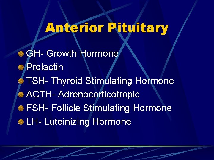 Anterior Pituitary GH- Growth Hormone Prolactin TSH- Thyroid Stimulating Hormone ACTH- Adrenocorticotropic FSH- Follicle