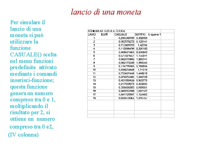lancio di una moneta Per simulare il lancio di una moneta si può utilizzare lancio di una moneta Per simulare il lancio di una moneta si può utilizzare